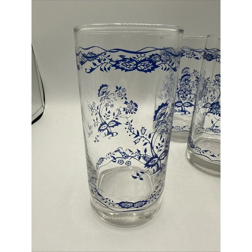 Vintage Libbey Corelle Blue Floral 1985 12 Oz Tumblers Set 4 Blue Onion Style